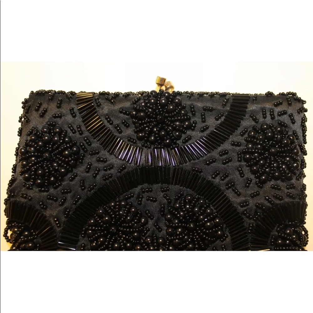 VTG HandMade Formal Cocktail Sexy Black Beaded Clutch Bag Gold Frame